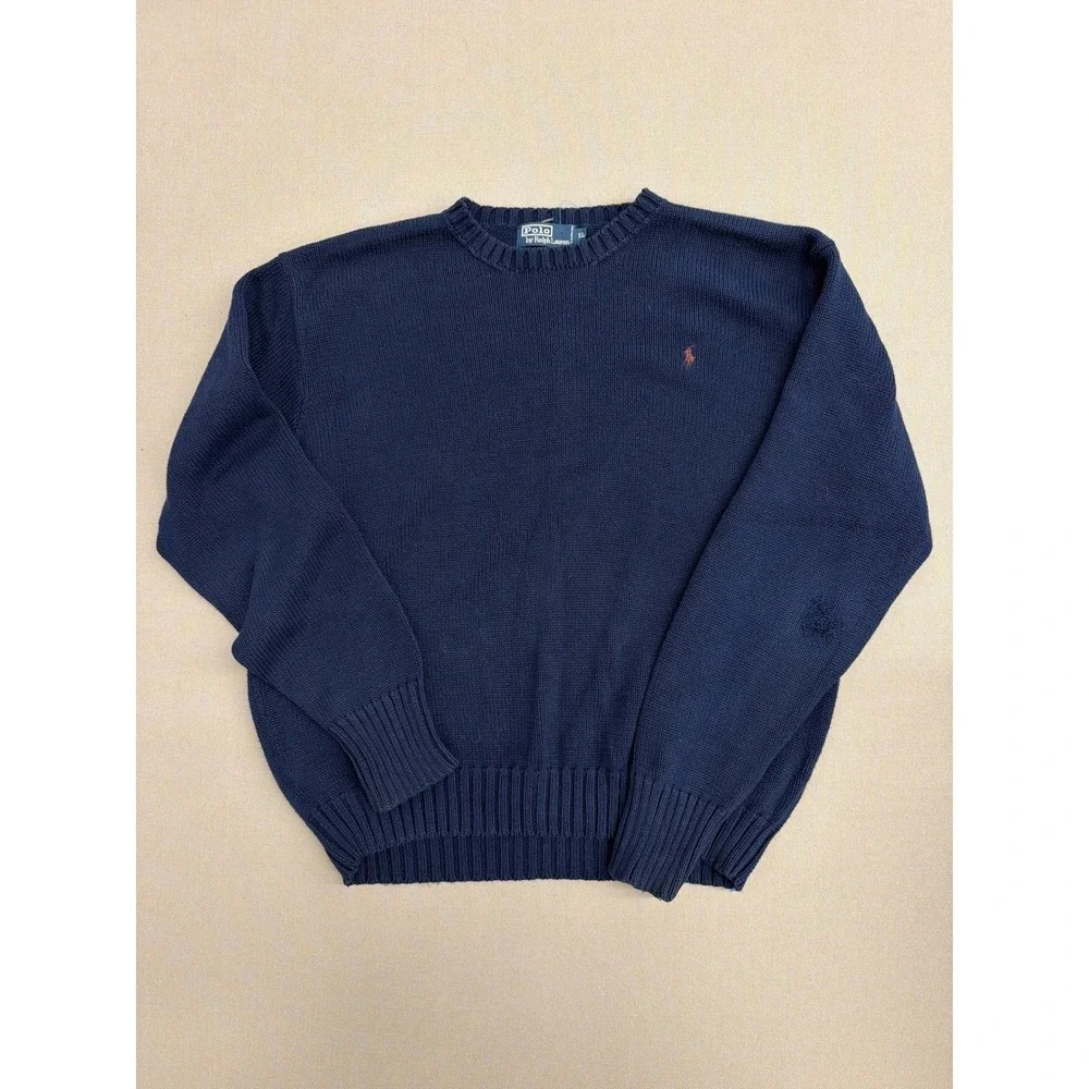 Polo Ralph Lauren Mens XL Navy Blue Cotton Knit Crewneck Sweater Red Pony Logo